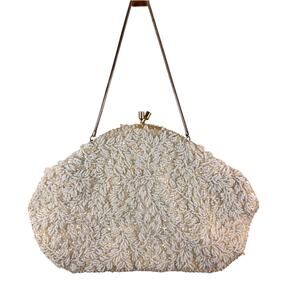 VINTAGE Behrman's La Regale White Beaded Sequin Kiss Lock Evening Clutch Bag